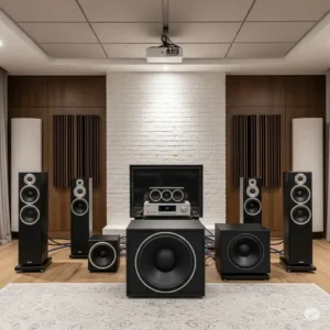 "A 24 inch bass speaker integrated into a complete home theater audio system setup."