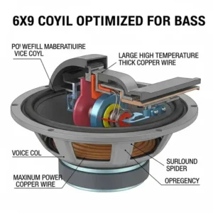 Cutaway diagram of a 6x9 car speaker's voice coil, showcasing designs optimized for delivering the best bass output.
