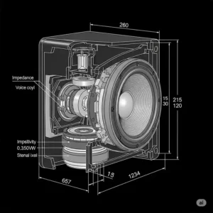 "Technical diagram with overlaid dimensions, ideal for understanding its size and placement. b&w bass speaker."