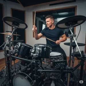 A drummer actively playing a double bass electronic drum set, demonstrating the dynamic range and feel of the instrument in action.