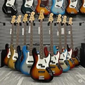 Assortment of Fender basses for sale in various colors, offering diverse aesthetic choices.
