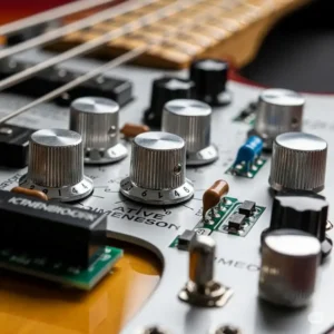 "Close-up of the control knobs and active electronics on a Fender Dimension Bass, highlighting its tonal shaping capabilities."