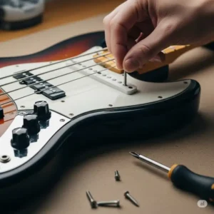 "Securing a Fender Jazz Bass pickguard with screws during the installation procedure."