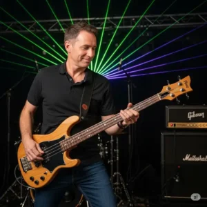 Musician playing a Gibson RD bass guitar on stage, demonstrating its ergonomic design for live performance.