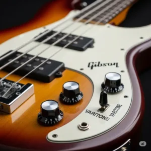 Control knobs and varitone switch on a Gibson Ripper bass, illustrating its versatile tonal options.