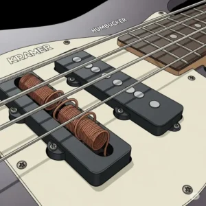 Close-up illustration detailing the pickups on a Kramer bass, showcasing the humbucker design that contributes to its signature powerful sound.