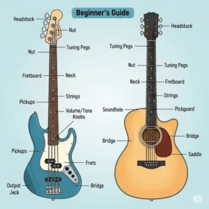 A beginner's guide illustration showing the basic parts of a bass and acoustic guitar, useful for people learning to play.