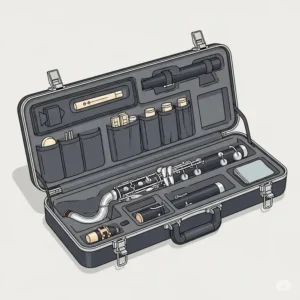 Illustration of a durable protective case designed to safely store and transport a low C bass clarinet.