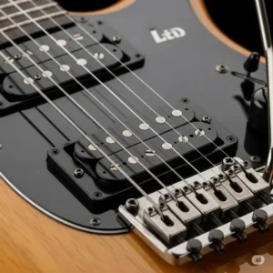 Detailed shot of LTD guitar pickups and bridge, emphasizing the hardware components and build quality.
