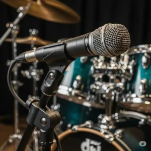 Close-up of a dynamic microphone securely attached to a bass drum mic stand, ready for capturing powerful kick drum sounds.