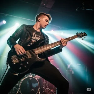 A professional bass player performing with a Schecter Diamond Series bass, demonstrating its comfortable playability and stage presence.