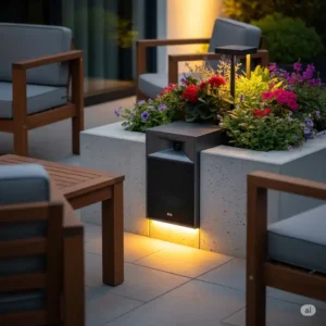 Stylish outdoor bass speaker seamlessly integrated into a modern patio design, enhancing the ambiance for outdoor entertainment.