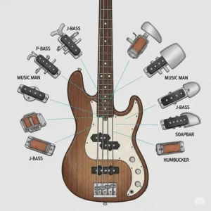 Dynamic illustration of a musician actively playing a bass axe guitar on a dimly lit stage, capturing the energy of a live show.