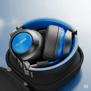 Image of compact, foldable bass headphones, perfect for travel and on-the-go listening to your favorite bass-heavy tracks.