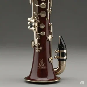 Image focusing on the flared bell and lower joint assembly of a Selmer bass clarinet, where its deep, resonant tones originate.