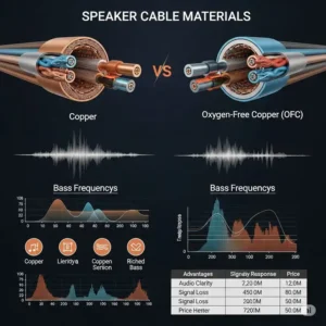 Comparison of different speaker cable materials like copper and OFC, evaluating their impact on bass reproduction.