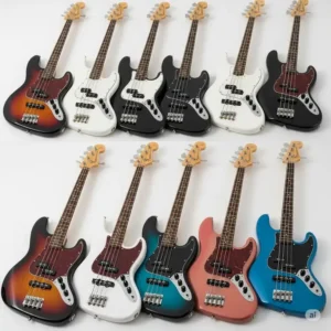 Collection of Squier J Bass guitars in various popular colors, illustrating the range of aesthetic choices available to musicians.