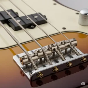 Close-up of the bridge and pickups on the Squier Pete Wentz Signature Precision Bass, showing the hardware details.