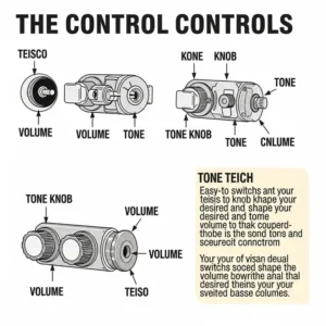 Visual guide to the control knobs and switches on a Teisco bass, explaining their functions for tone and volume.