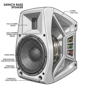 "Conceptual design sketch for a new 24 inch bass speaker, highlighting its unique features."