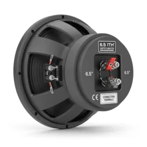 Rear view of a 6.5-inch speaker, showing clear connection terminals for easy installation and optimal bass output.