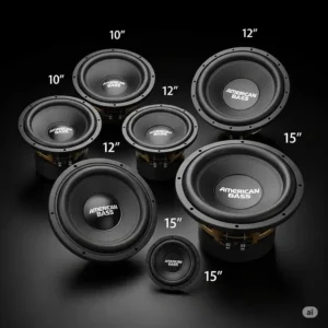 Array of American Bass subwoofers showcasing various sizes (e.g., 10-inch, 12-inch, 15-inch), allowing users to choose the right fit.