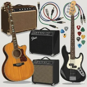 A collection of music gear illustrations, including an acoustic and bass guitar, amplifiers, cables, and guitar picks.