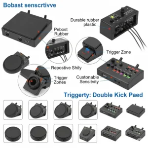 Various types of electronic kick pads suitable for a double bass electronic drum set, emphasizing their durability and trigger sensitivity.