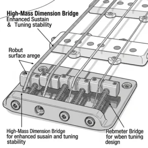 "An illustration showcasing the high-mass bridge of the Fender Dimension Bass, designed for enhanced sustain and tuning stability."