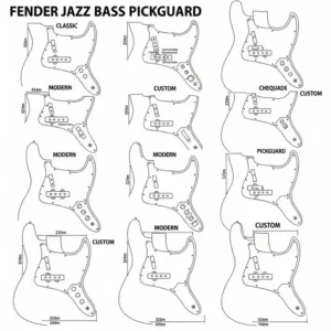  "Diagram illustrating various shapes and styles of Fender Jazz Bass pickguards."