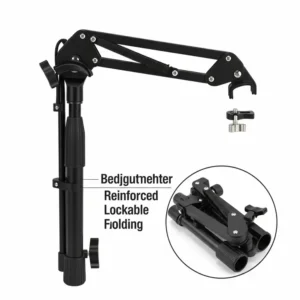 Compactly folded bass drum mic stand, ideal for easy transport and storage in a musician's gig bag or studio.