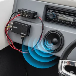 Marine bass speaker connected to a compatible amplifier and marine stereo system, illustrating proper setup for optimal audio performance and powerful bass on your vessel.