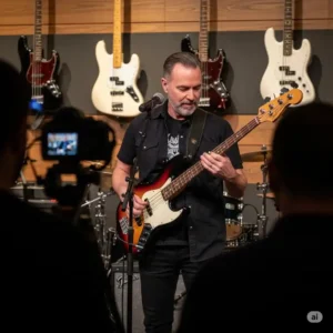 Musician playing a Fender bass on stage, demonstrating its playability and sound quality for potential buyers.