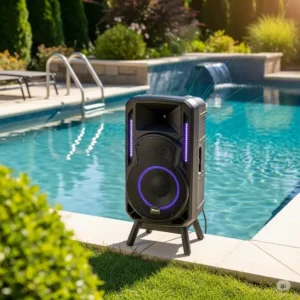 Outdoor bass speaker positioned safely by a swimming pool, ready to provide vibrant audio for a relaxing day.
