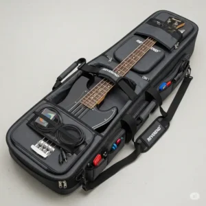 A Reverend bass guitar securely packed in its gig bag, ready for travel to a rehearsal or gig, emphasizing portability.