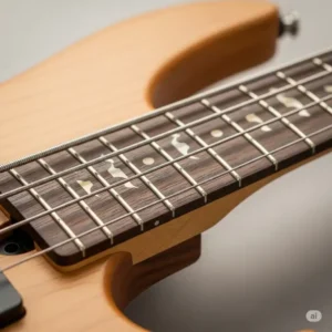 View of the smooth maple fretboard and fret markers on a Sandberg California JM bass, showcasing its playability and craftsmanship. A hallmark of the sandberg bass california.