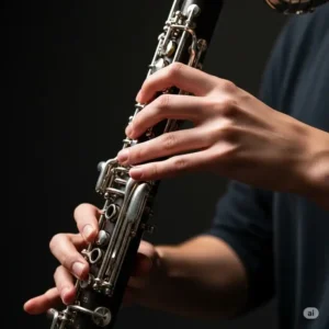 A musician's hands expertly positioned on the keys of a Selmer bass clarinet, demonstrating proper playing technique.