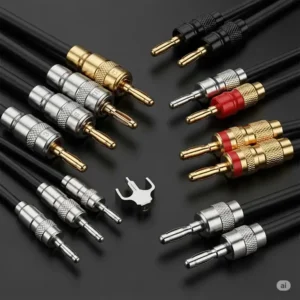 Various speaker cable connectors, including banana plugs and spade lugs, ensuring secure connections for optimal bass delivery.