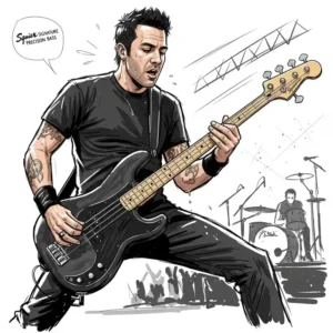 Pete Wentz performing live with his signature Squier Pete Wentz Signature Precision Bass, demonstrating its stage presence.