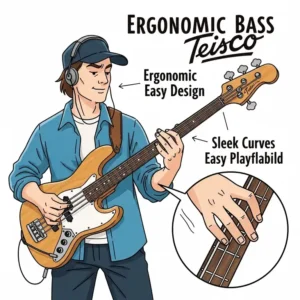 An illustration of a musician playing a Teisco bass, emphasizing its playability and ergonomic design for bassists.