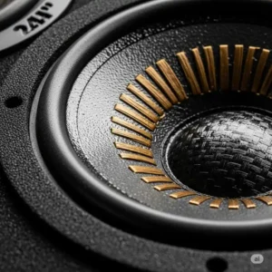 "Close-up illustrating the durable materials used in the construction of a 24 inch bass speaker's cone."