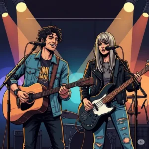 An illustration of a duo performing live, with one musician playing an acoustic guitar and the other playing a bass guitar on stage.