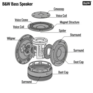 "Exploded view diagram illustrating the internal components of a high-performance. b&w bass speaker."