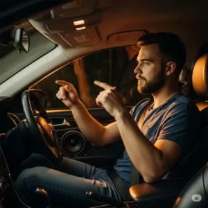 Person enjoying high-quality music with rich bass from upgraded 6.5-inch speakers in their car.