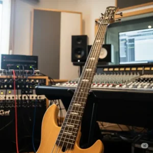 A Cort bass guitar set up in a professional recording studio, suggesting its suitability for studio sessions and high-fidelity sound production.