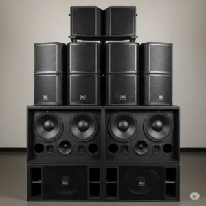 An EV line array system incorporating 18-inch bass speakers, providing powerful and clear low frequencies for large venues, ideal for ev bass speakers 18.
