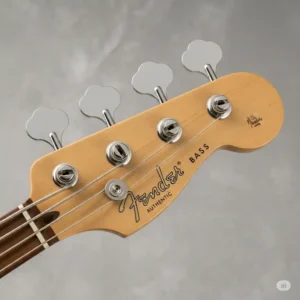 Detailed view of a Fender bass headstock with the iconic logo, indicating an authentic Fender bass for sale.