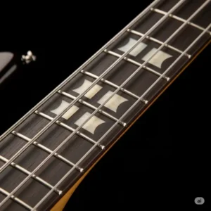 "Detailed graphic of the fretboard and unique inlays on a Fender Dimension Bass, emphasizing its smooth playing surface."