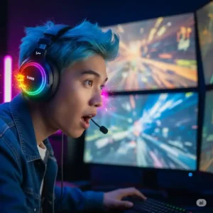 Gamer wearing bass headphones, experiencing explosive audio and deep rumbles for an immersive gaming session.