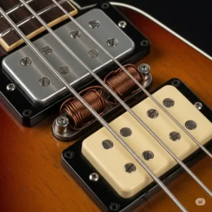 Macro shot of the humbucking pickups on a Gibson RD bass, highlighting their construction and placement.